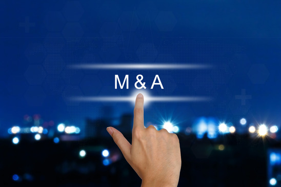 hand clicking M&A or Merger and Acquisition button on a touch screen interface